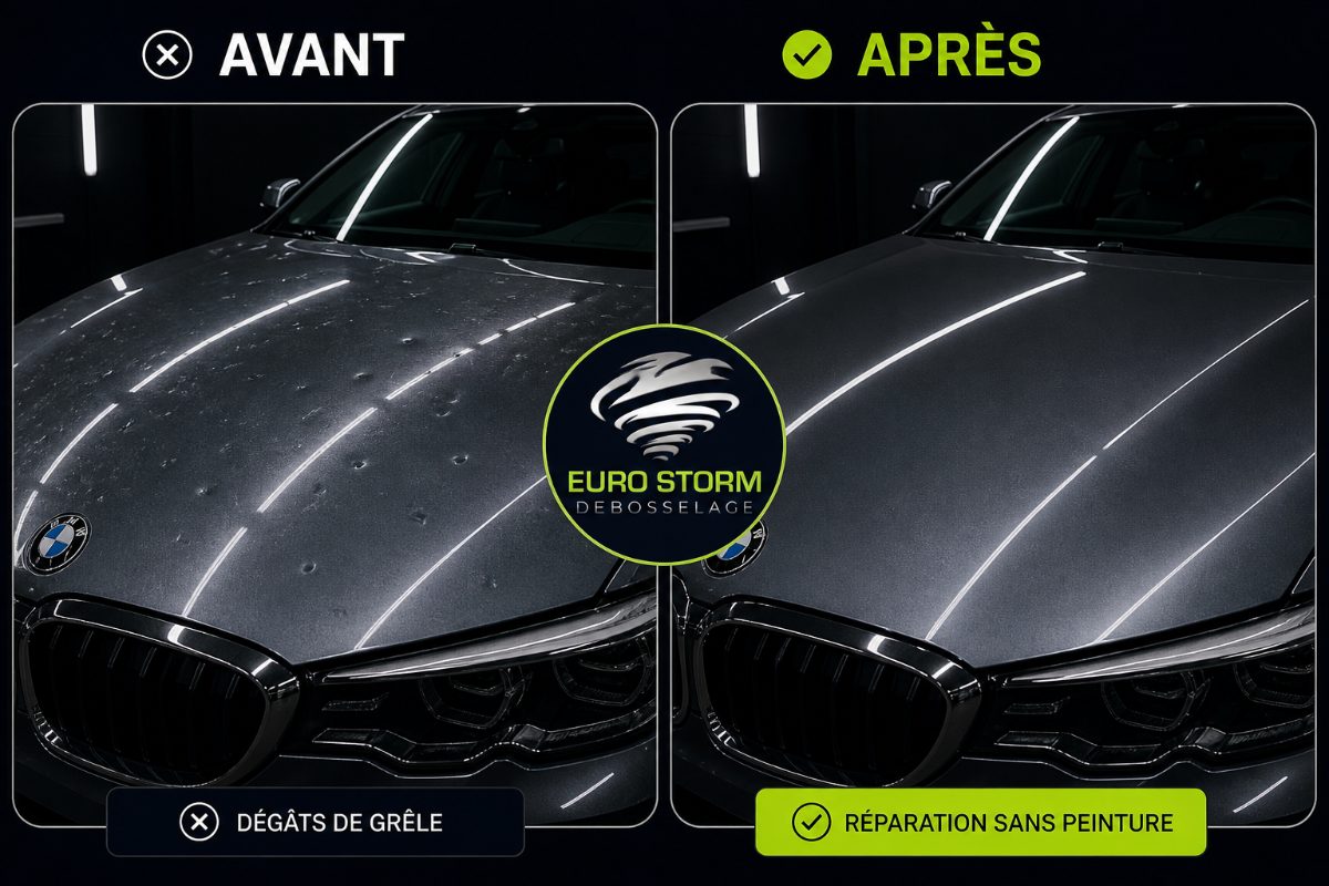 Avant / après : capot grêlé restauré sans peinture par Euro Storm.